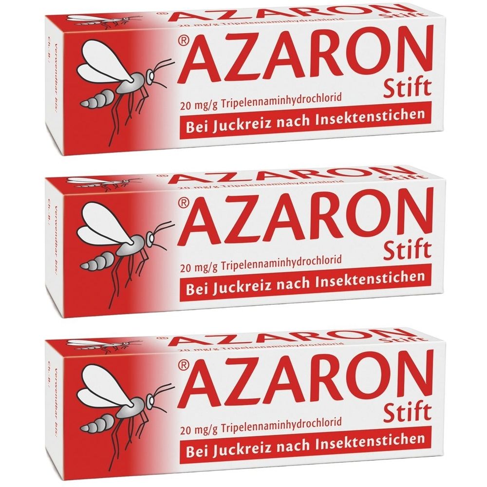 Drei Schachteln AZARON Stift. Rote Schrift auf weißem Grund. Aufdruck: 20 mg/g Tripelennaminhydrochlorid. Bei Juckreiz nach Insektenstichen.