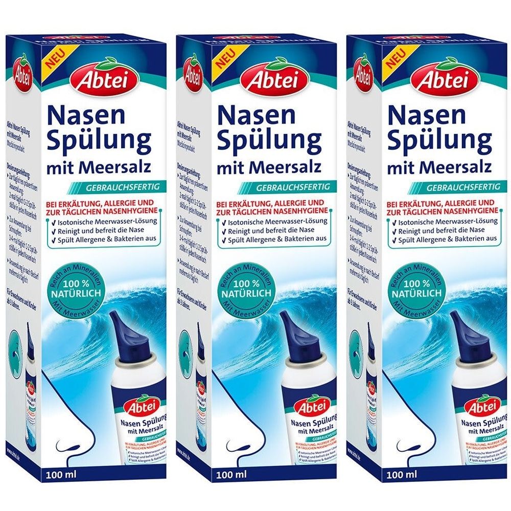 Drei Kartons mit Nasenspülung. Aufschrift: Abtei Nasen Spülung mit Meersalz. Enthält eine Flasche mit blauem Sprühkopf.