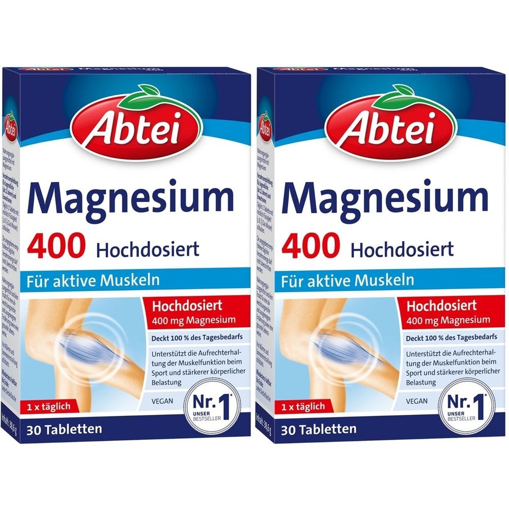 Zwei Schachteln Abtei Magnesium 400 hochdosiert. Aufschrift: Für aktive Muskeln, 30 Tabletten, vegan. Nr. 1.