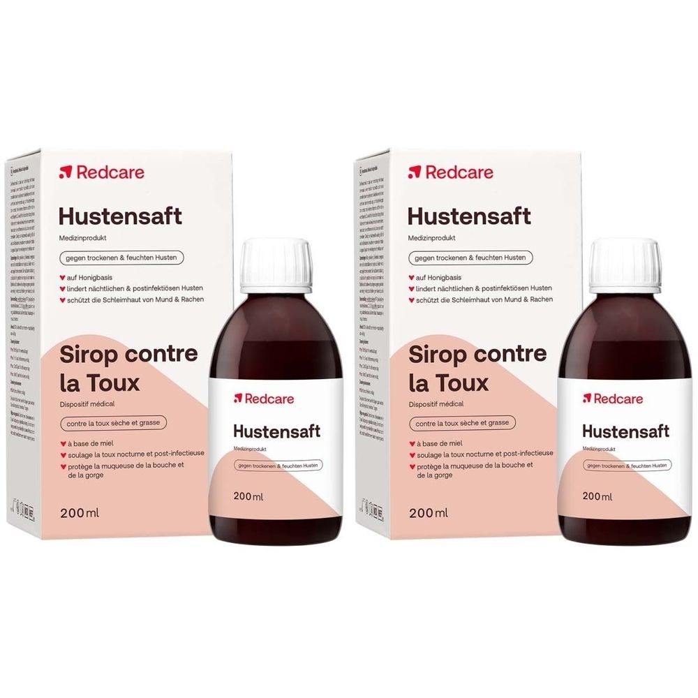 Zwei Flaschen Hustensaft mit Verpackung. Aufschrift: Redcare Hustensaft, Sirop contre la Toux. Flaschen enthalten braune Flüssigkeit.