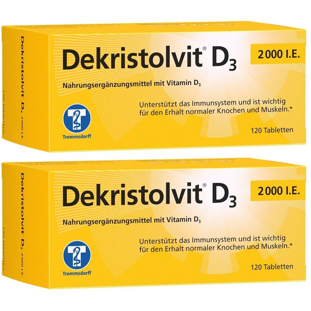 Zwei gelbe Schachteln Dekristolvit D3 2000 I.E. mit weißer Schrift. Aufdruck: Nahrungsergänzungsmittel mit Vitamin D, 120 Tabletten.