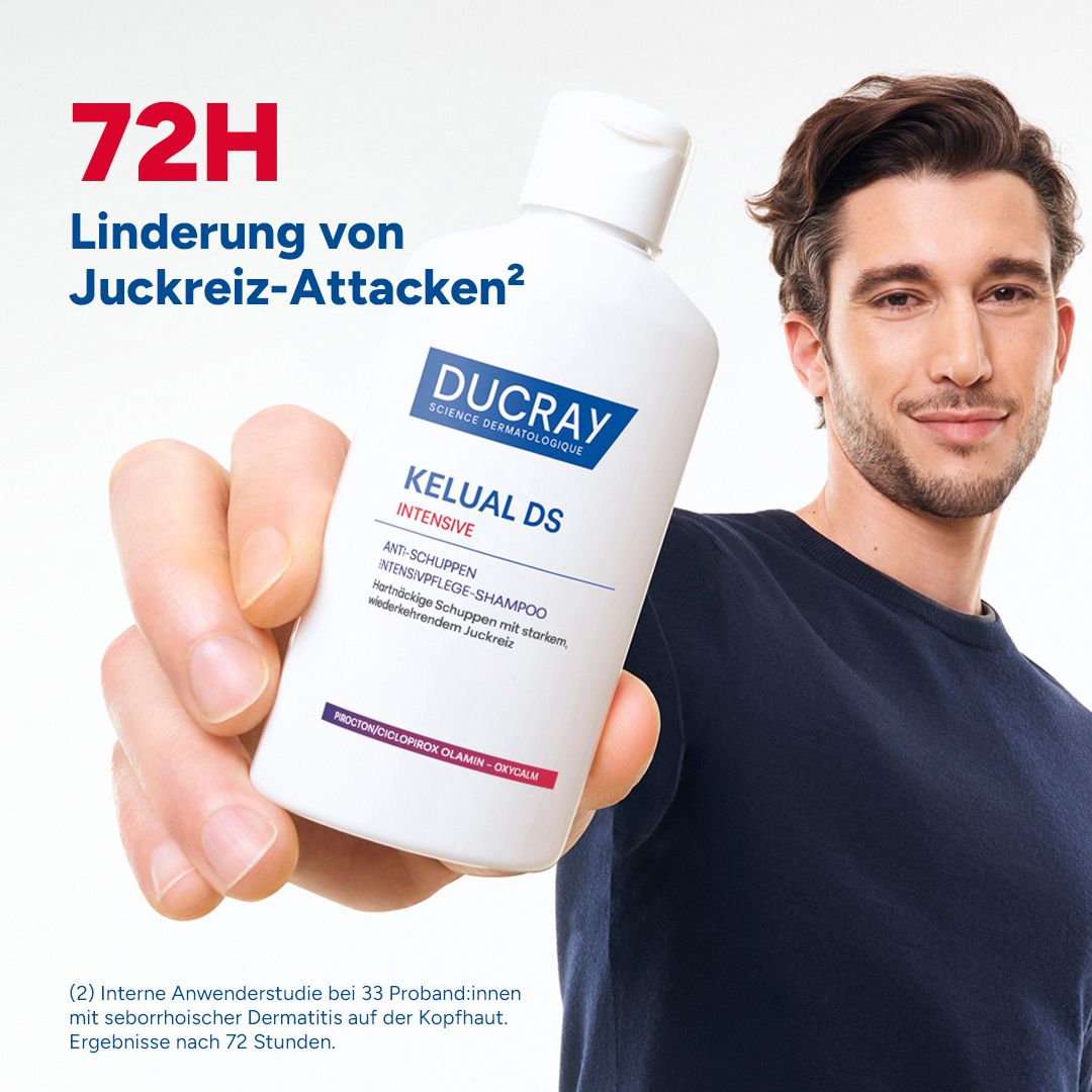 Ein Mann hält eine Flasche. Text: 72H Linderung von Juckreiz-Attacken.