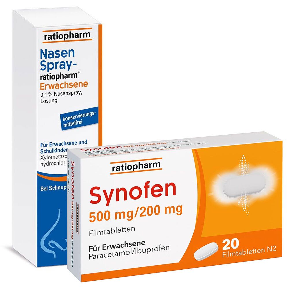 Packung Synofen Filmtabletten und Nasenspray-ratiopharm. Tabletten: 20 Stück, orange Verpackung. Spray: Weiß, blaue Schrift, Nasenabbildung.