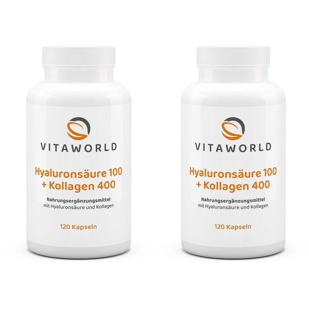 Zwei weiße Flaschen mit Etiketten. Aufschrift: VITAWORLD, Hyaluronsäure 100 + Kollagen 400, 120 Kapseln. Nahrungsergänzungsmittel.