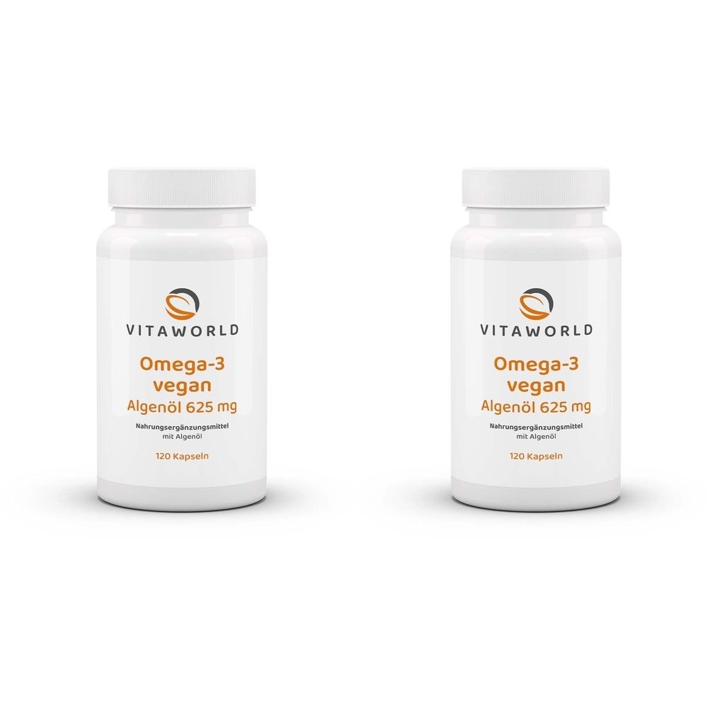 Zwei weiße Flaschen mit Schraubverschluss. Aufschrift: VITAWORLD, Omega-3 vegan Algenöl 625 mg. 120 Kapseln.