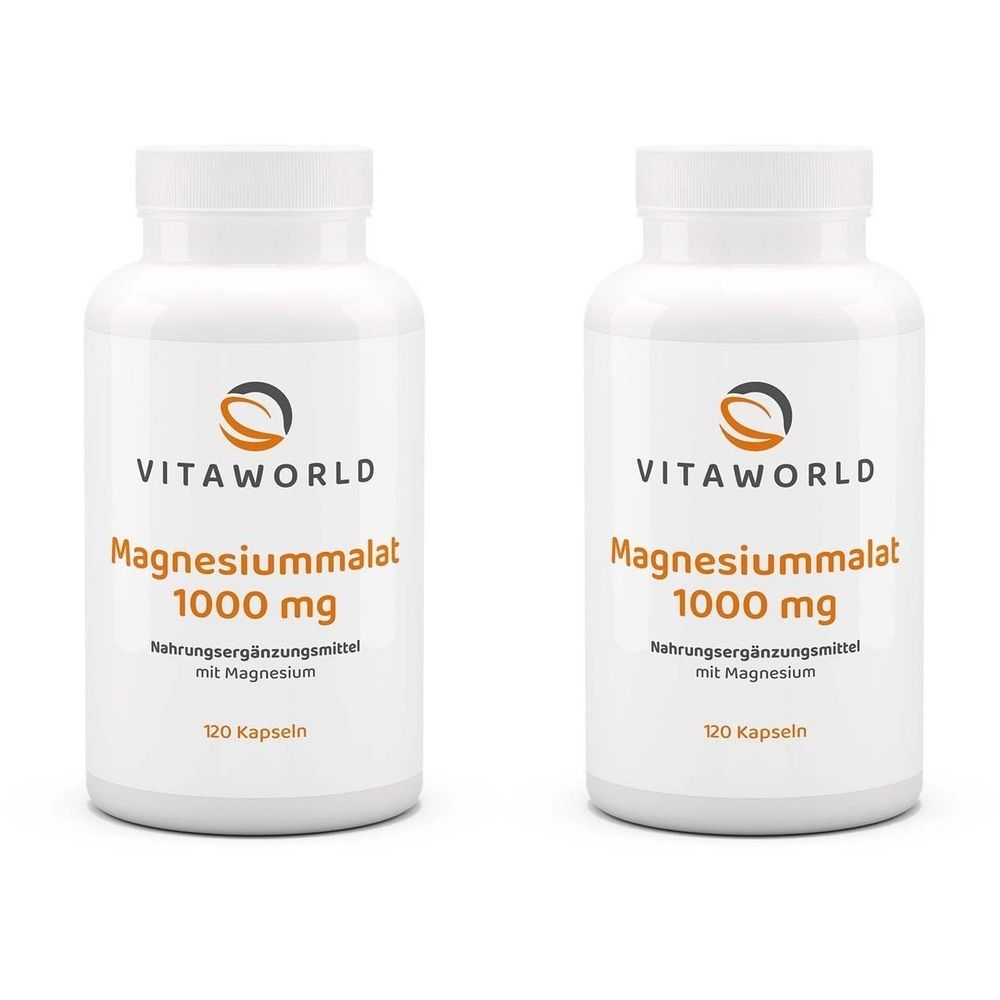 Zwei weiße Flaschen mit Etiketten. Auf den Etiketten steht "VITAWORLD Magnesiummalat 1000 mg". Text: Nahrungsergänzungsmittel mit Magnesium, 120 Kapseln.