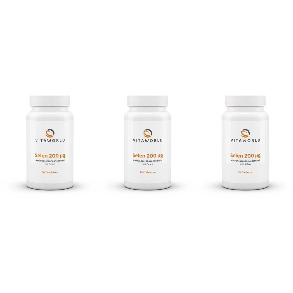 Drei weiße Flaschen mit Schraubverschluss. Auf jeder Flasche steht "VITAWORLD Selen 200 µg".