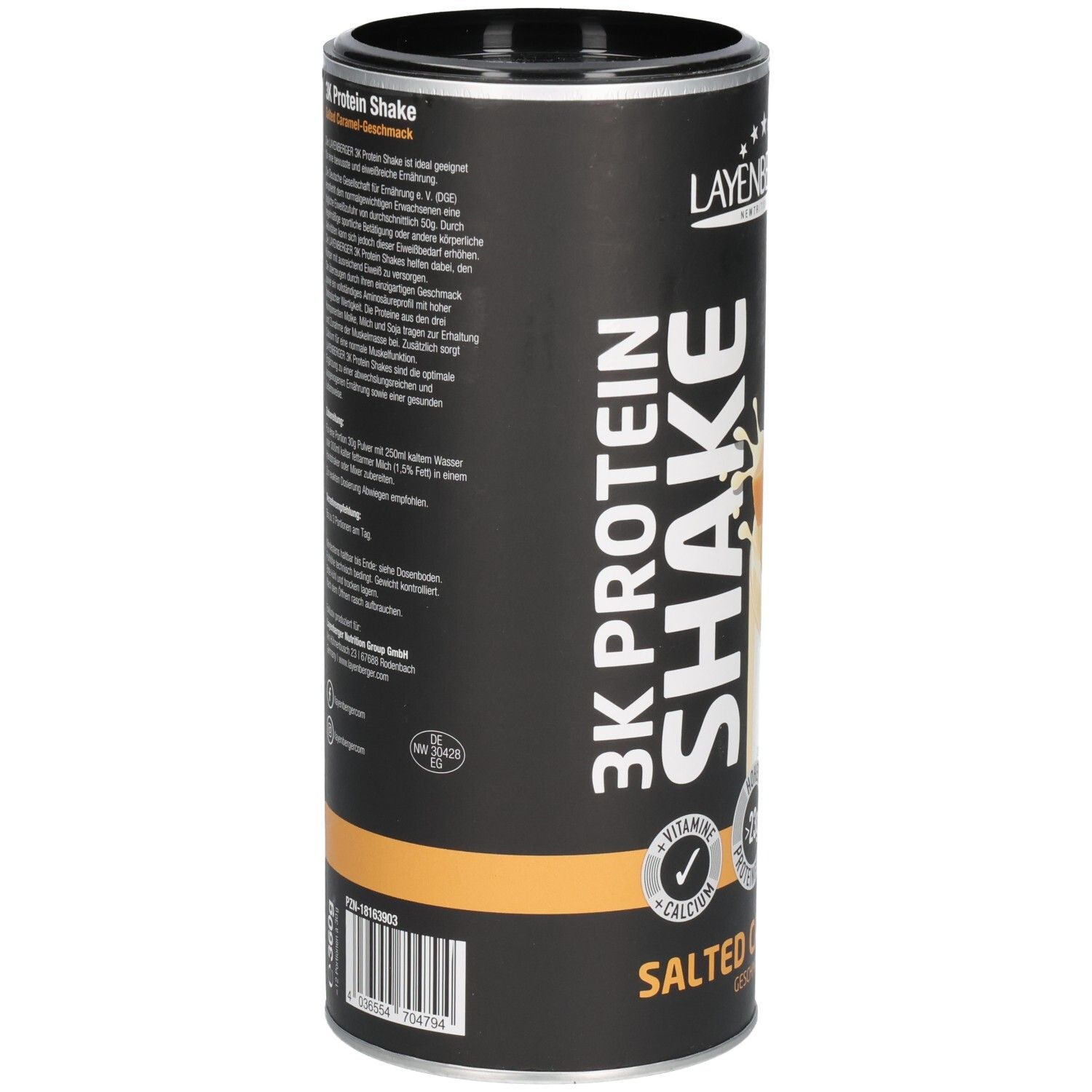 Zylindrische Dose Layenberger 3K Protein Shake. Rückseite mit Text, Inhaltsangaben und Herstellerinformationen.