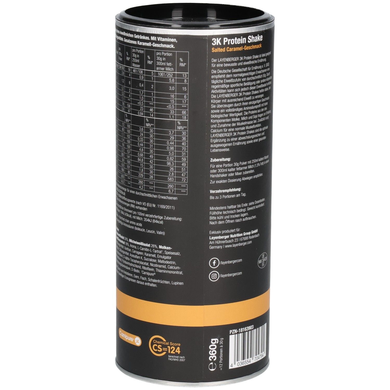 Zylindrische Dose Layenberger 3K Protein Shake. Detailansicht der Rückseite mit Nährwertangaben und Text.