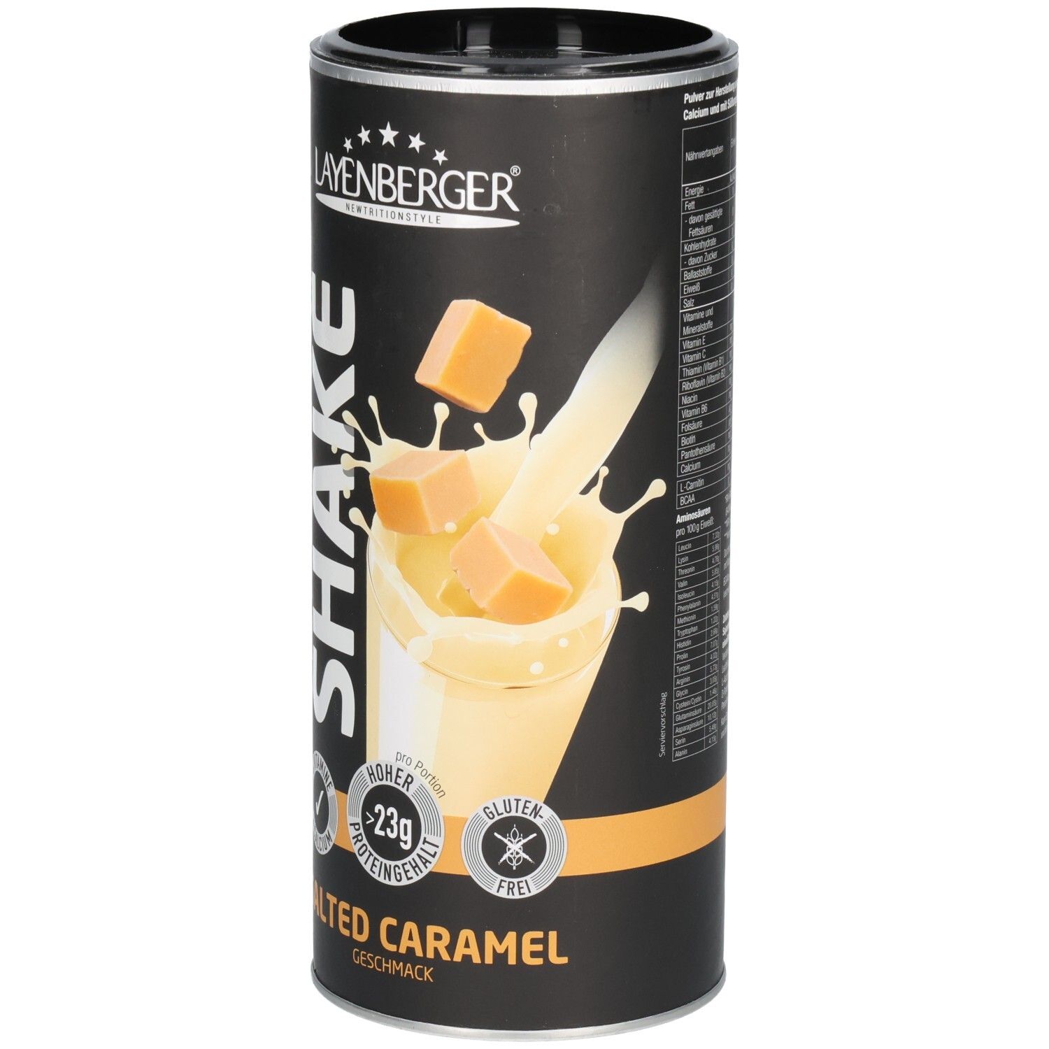 Zylindrische Dose Layenberger 3K Protein Shake Salted Caramel. Abbildung mit Shake, Karamellstücken und Produktlogos.