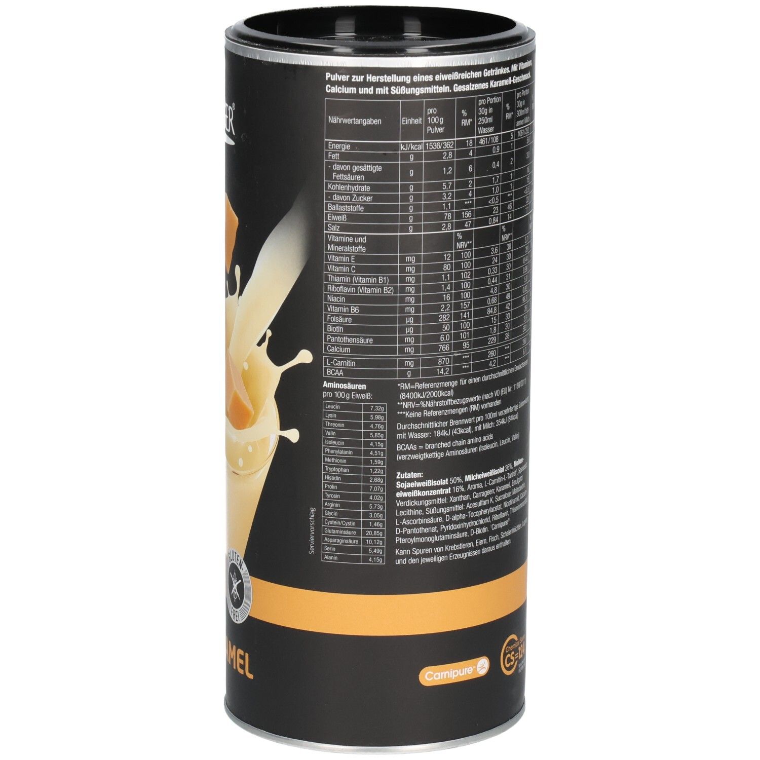 Zylindrische Dose Layenberger 3K Protein Shake. Detailansicht der Rückseite mit Nährwertangaben und Text.