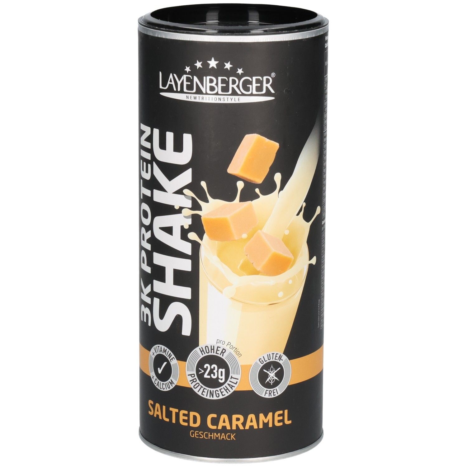 Zylindrische Dose Layenberger 3K Protein Shake Salted Caramel. Abbildung mit Shake, Karamellstücken und Produktlogos.