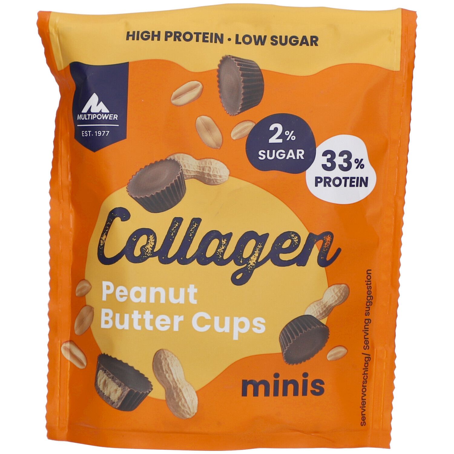 Verpackung mit Multipower Collagen Peanut Butter Cups Minis. Orangefarbener Beutel mit Produktabbildung und Text: Collagen, Peanut Butter Cups.