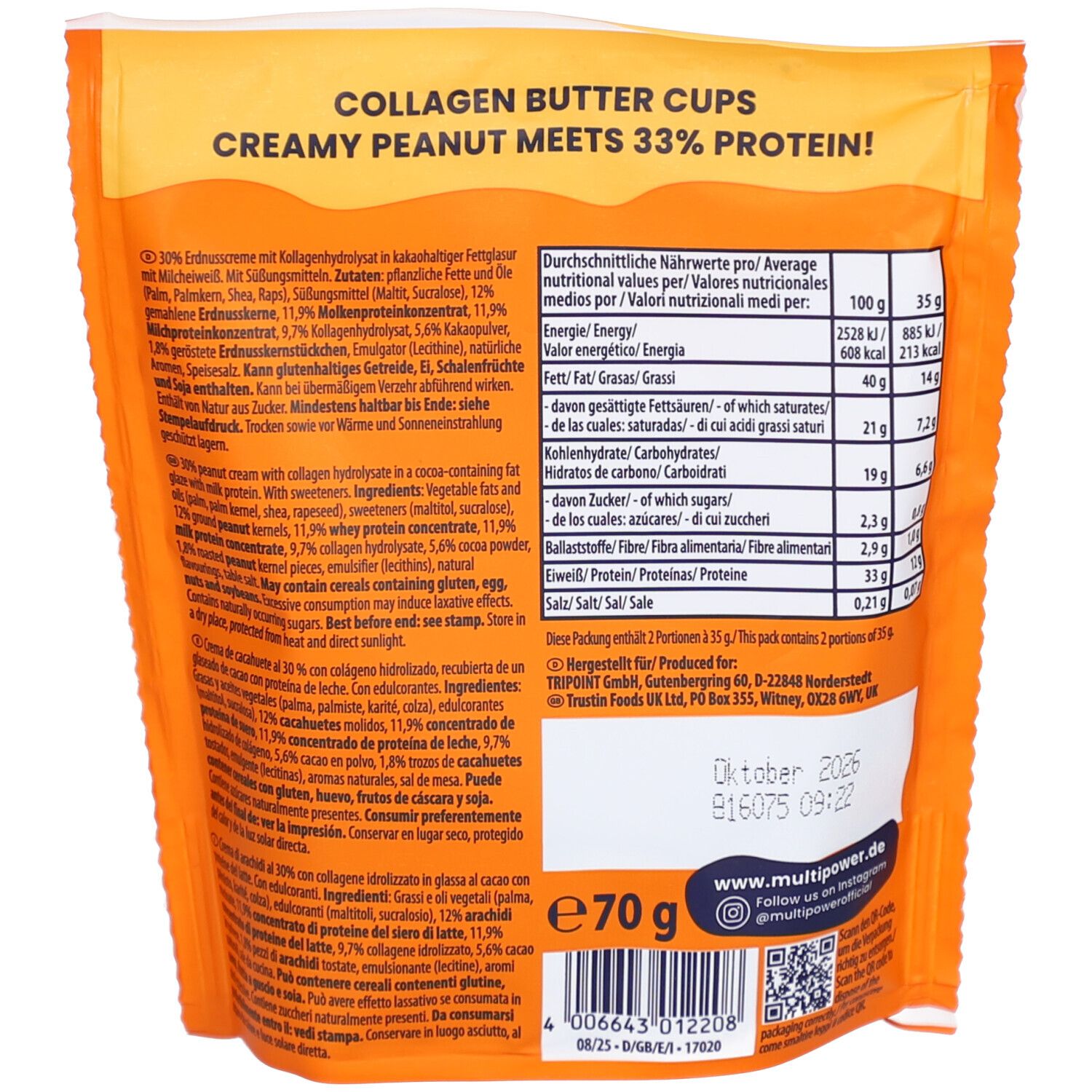 Rückseite der Verpackung von Multipower Collagen Peanut Butter Cups Minis. Text mit Nährwertangaben und Zutatenliste auf orangefarbenem Hintergrund.