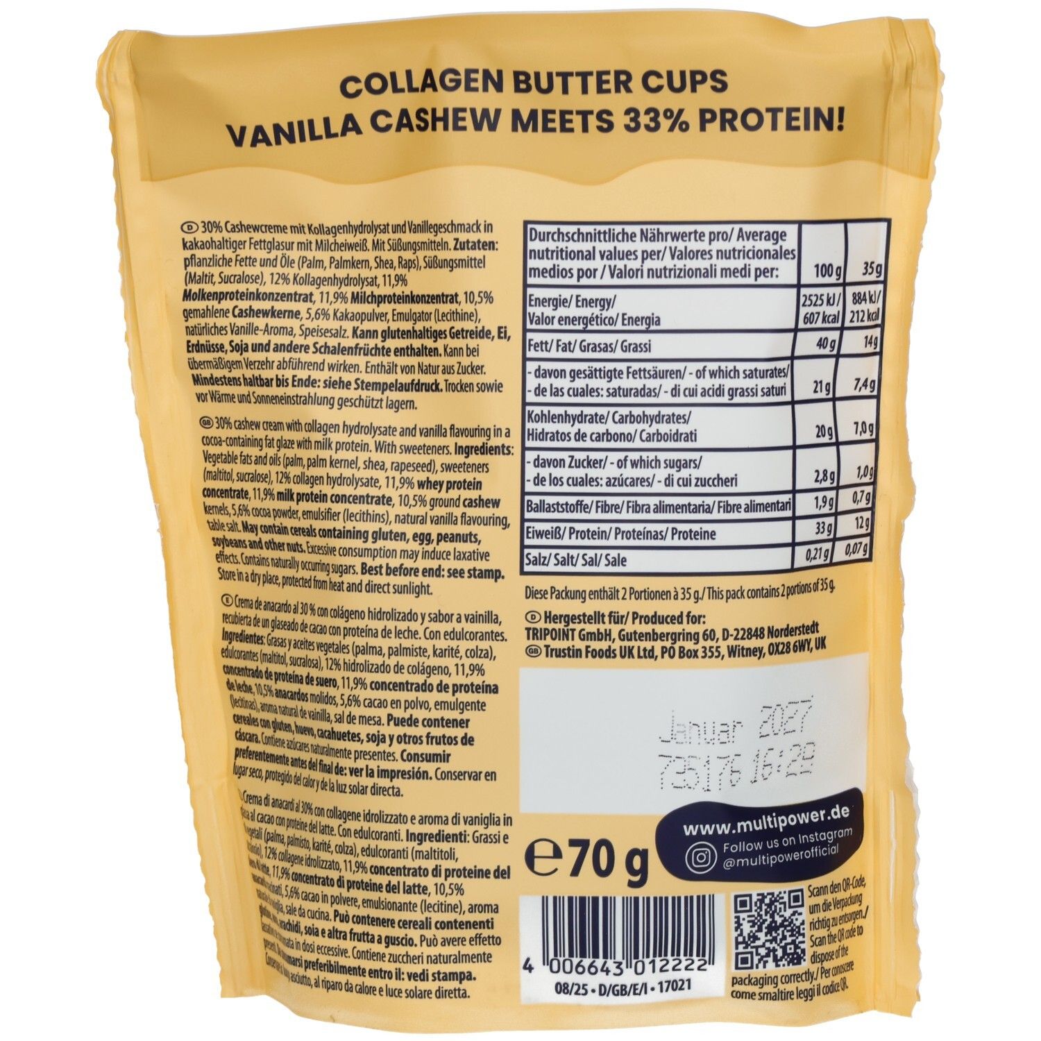 Rückseite der Verpackung. Text: Kollagen Butter Cups Vanilla Cashew meets 33% Protein! Nährwertangaben, Zutatenliste, Haltbarkeit.