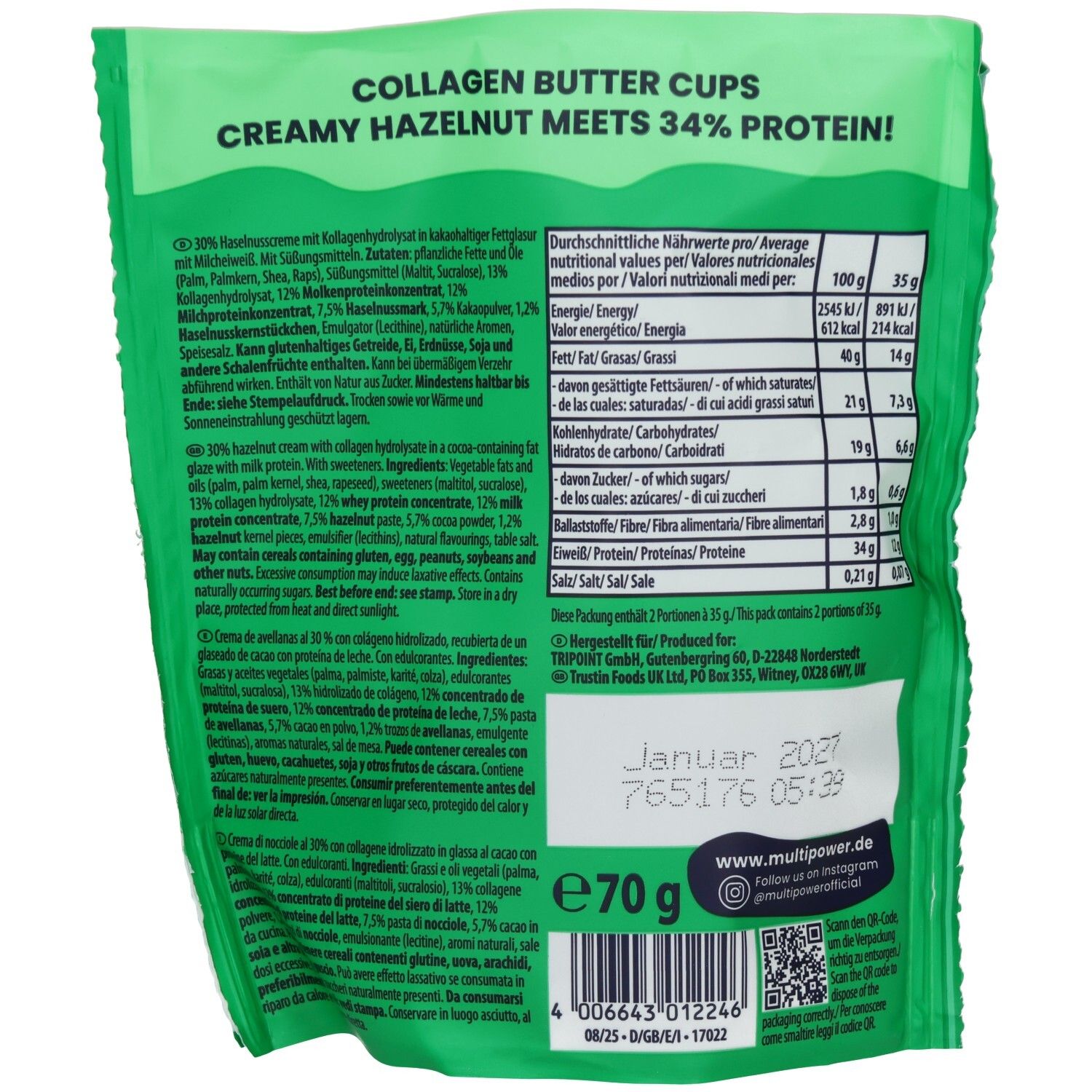 Rückseite der grünen Tüte. Text: Collagen Butter Cups, cremige Haselnuss, 34% Protein. Nährwertangaben und Zutatenliste.