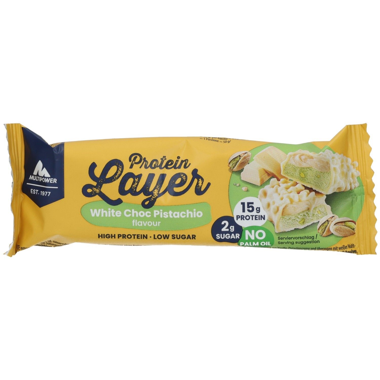 Proteinriegel in gelber Verpackung. Aufschrift: Protein Layer White Choc Pistachio. Mit Pistazien und weißer Schokolade.