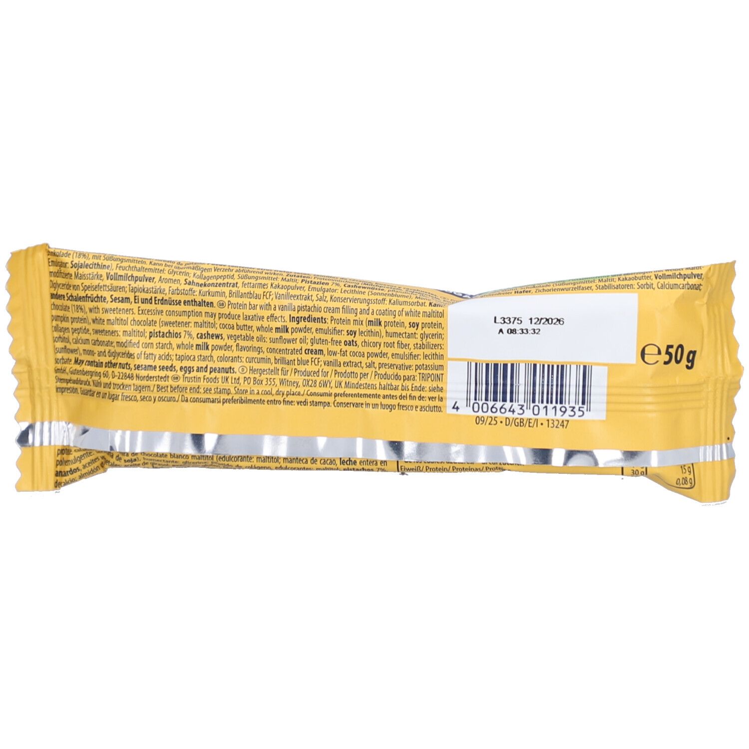 Rückseite eines Proteinriegels. Gelbe Verpackung mit Zutatenliste, Nährwertangaben und Barcode. Gewicht: 50g.