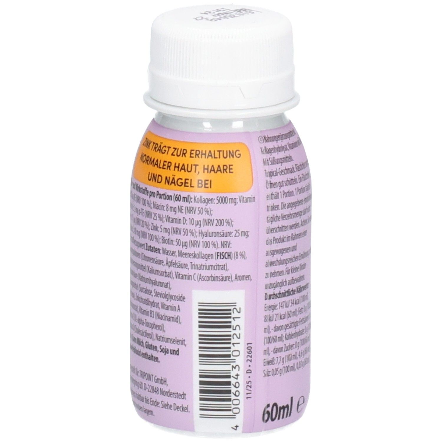 Flasche mit weißem Deckel. Aufschrift: Multaben, Beauty Kollagen Shot. Text mit Nährwertangaben und Inhaltsstoffen. Barcode. 60ml.