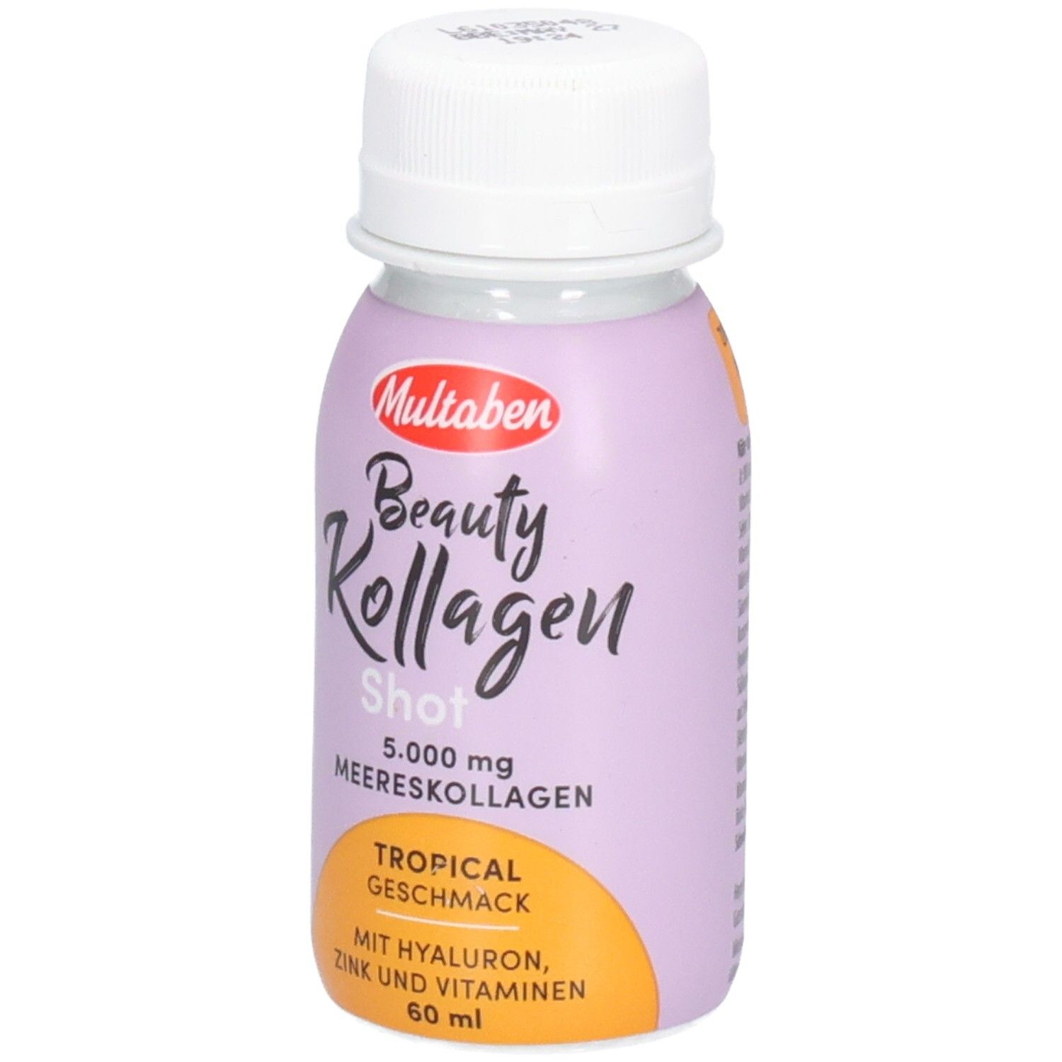 Flasche mit weißem Deckel. Aufschrift: Multaben, Beauty Kollagen Shot, 5.000 mg Meereskollagen, Tropical Geschmack, mit Hyaluron, Zink und Vitaminen, 60 ml.