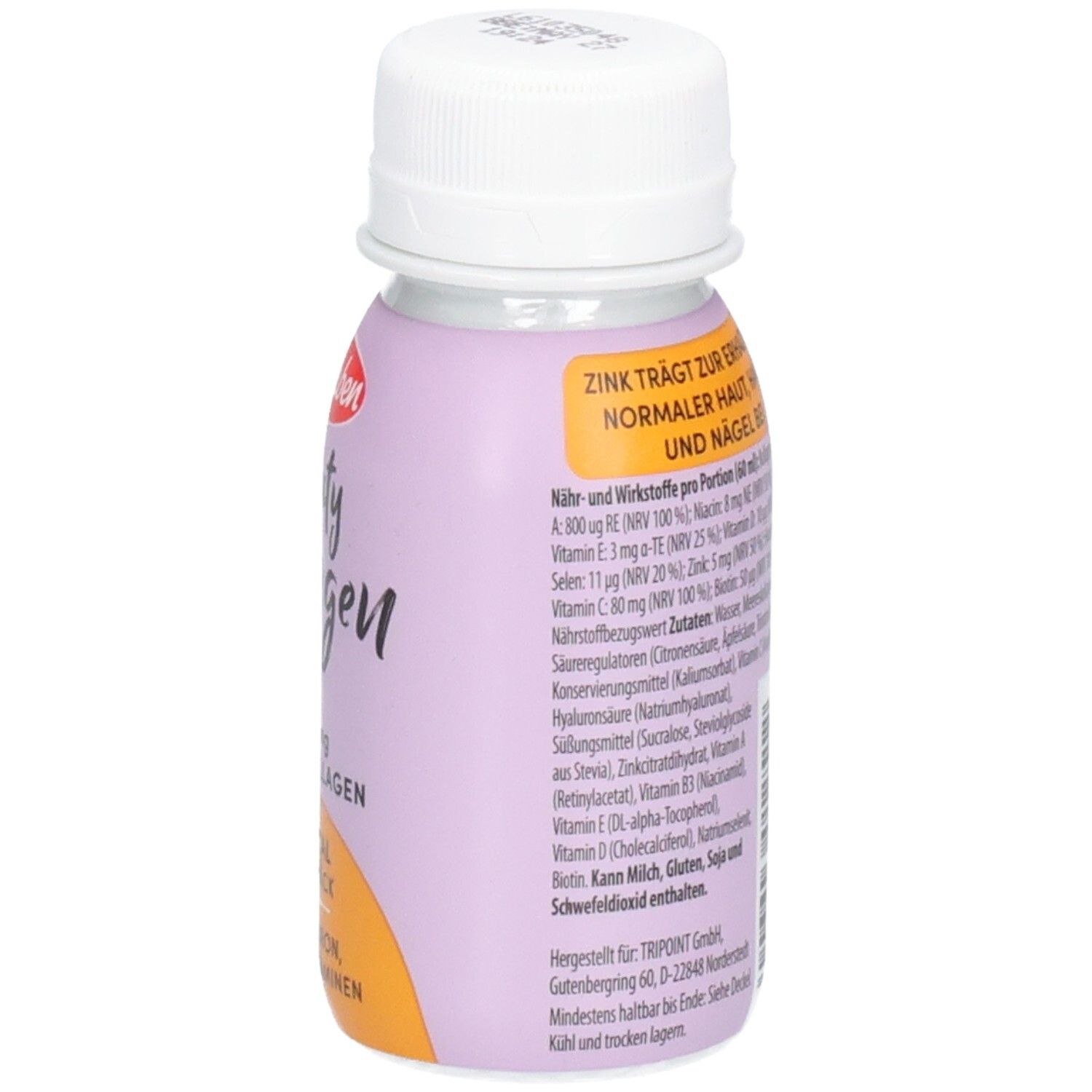 Flasche mit weißem Deckel. Aufschrift: Multaben, Beauty Kollagen Shot. Text mit Nährwertangaben und Inhaltsstoffen. 60ml.