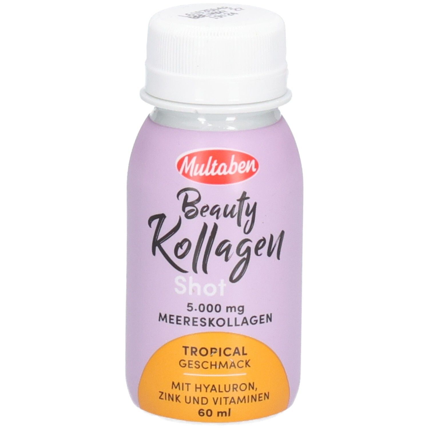 Flasche mit weißem Deckel. Aufschrift: Multaben, Beauty Kollagen Shot, 5.000 mg Meereskollagen, Tropical Geschmack, mit Hyaluron, Zink und Vitaminen, 60 ml.