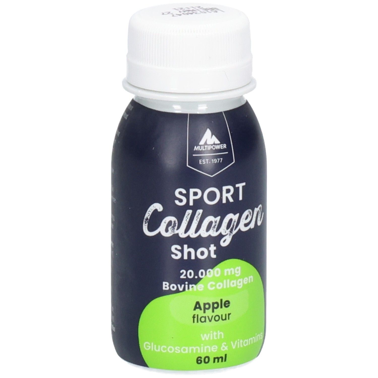 Kleine Flasche mit weißem Deckel. Aufschrift: SPORT Collagen Shot, Apfelgeschmack, 60 ml. Marke: Multipower.