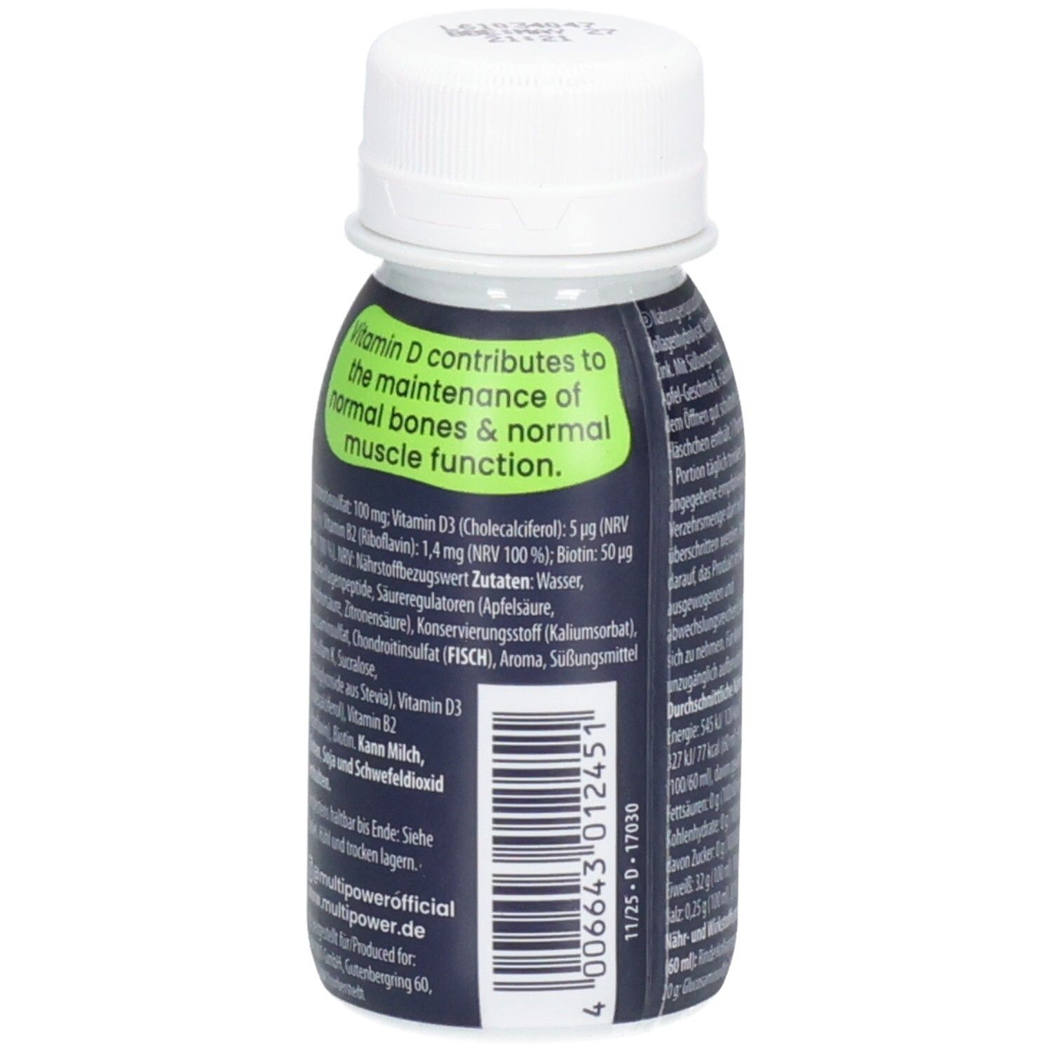 Rückseite der Flasche. Text mit Inhaltsstoffen und Informationen. Weißer Deckel. Marke: Multipower.