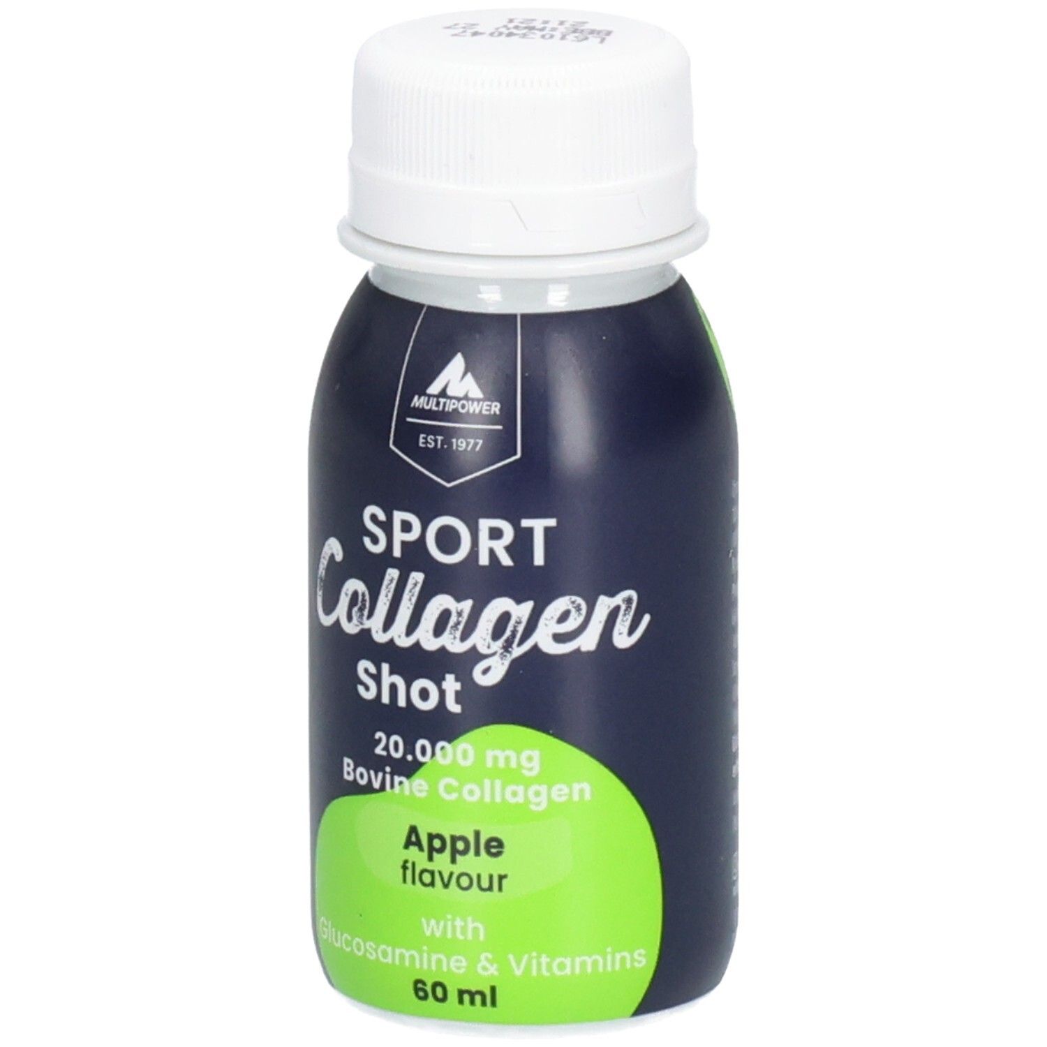 Kleine Flasche mit weißem Deckel. Aufschrift: SPORT Collagen Shot, Apfelgeschmack, 60 ml. Marke: Multipower.