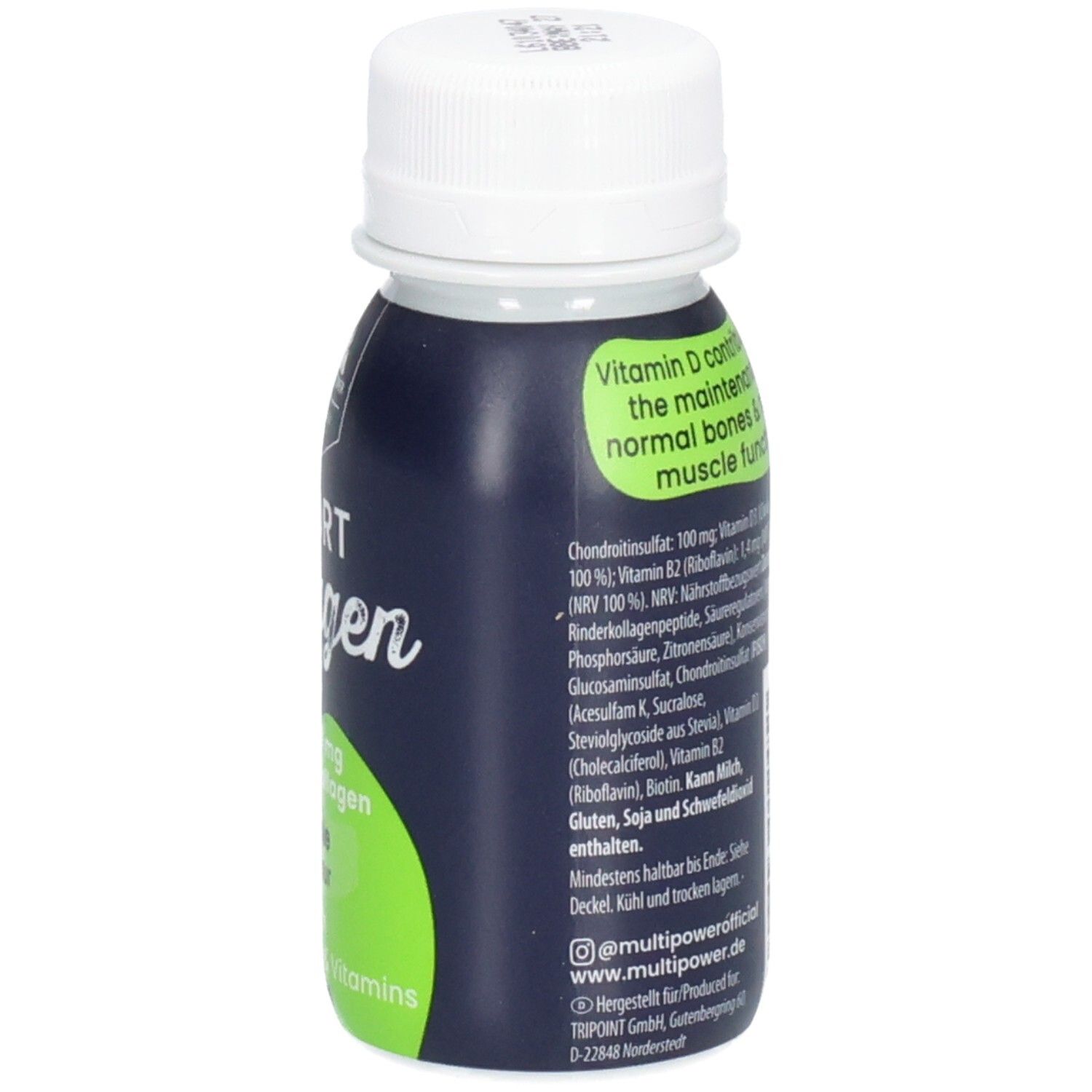 Rückseite der Flasche. Text mit Inhaltsstoffen und Informationen. Weißer Deckel. Marke: Multipower.