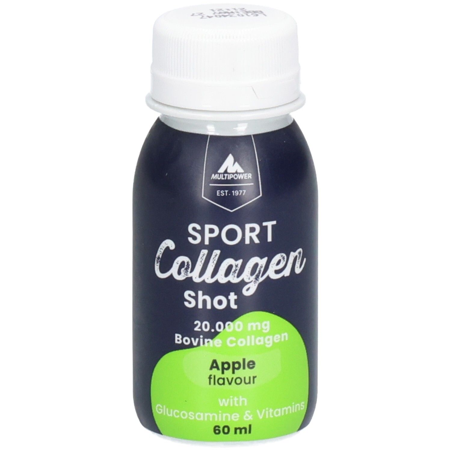 Kleine Flasche mit weißem Deckel. Aufschrift: SPORT Collagen Shot, Apfelgeschmack, 60 ml. Marke: Multipower.