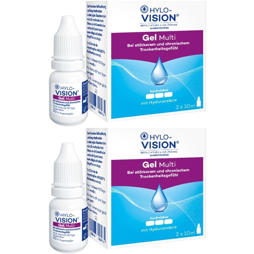 Zwei Packungen Hylo-Vision Gel Multi. Weiße Flasche mit Tropfer und Karton mit Produktnamen und Tropfen-Illustration.