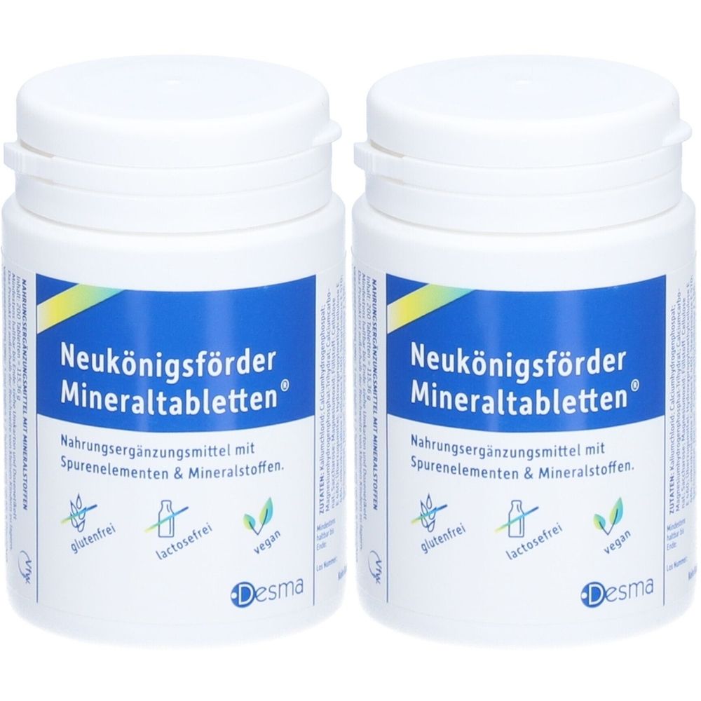 Zwei weiße Flaschen mit Deckel. Aufschrift: Neukönigsförder Mineraltabletten. Nahrungsergänzungsmittel mit Spurenelementen & Mineralstoffen. Glutenfrei, lactosefrei, vegan.