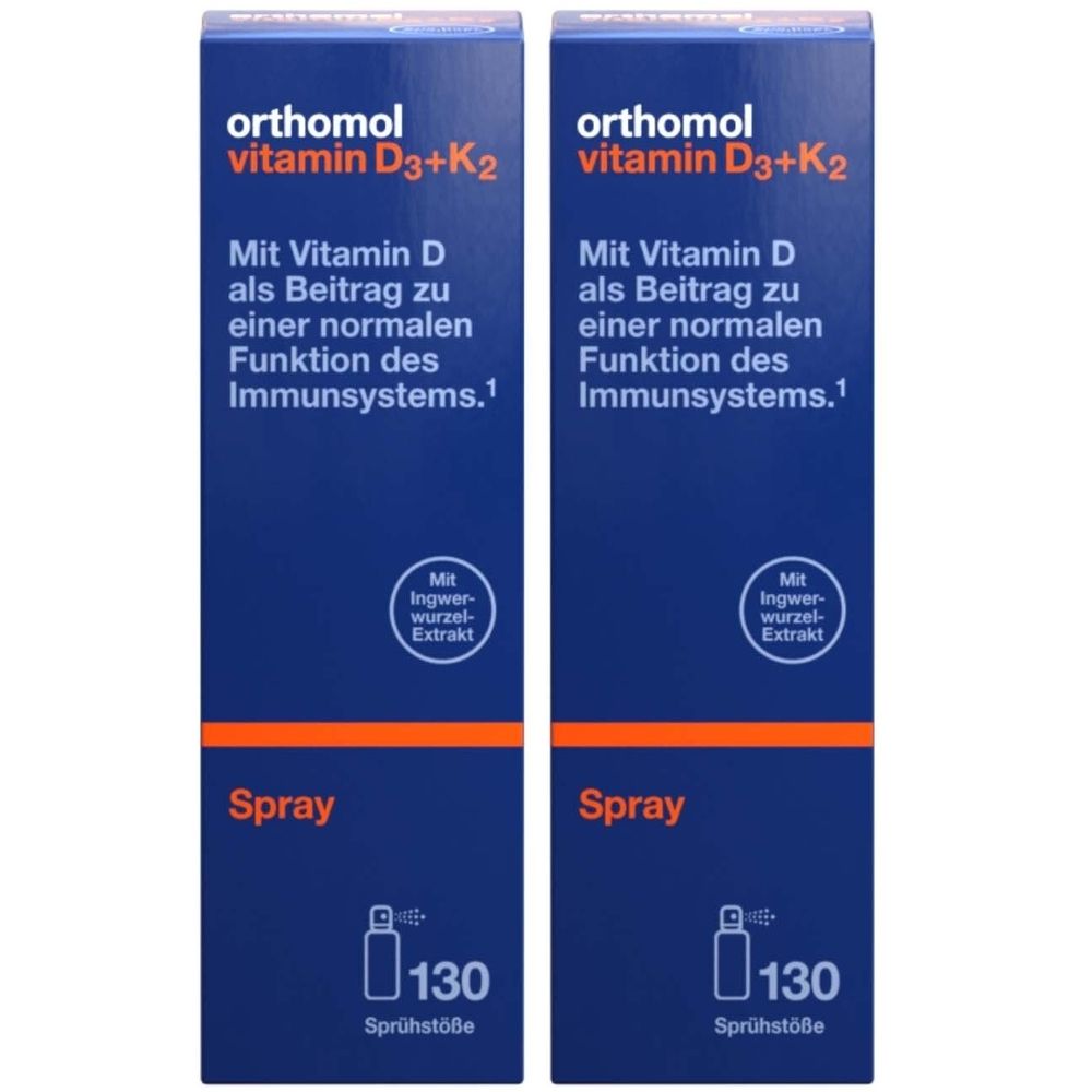 Zwei blaue Schachteln mit "Orthomol Vitamin D₃+K₂ Spray". Text: Beitrag zur normalen Funktion des Immunsystems.