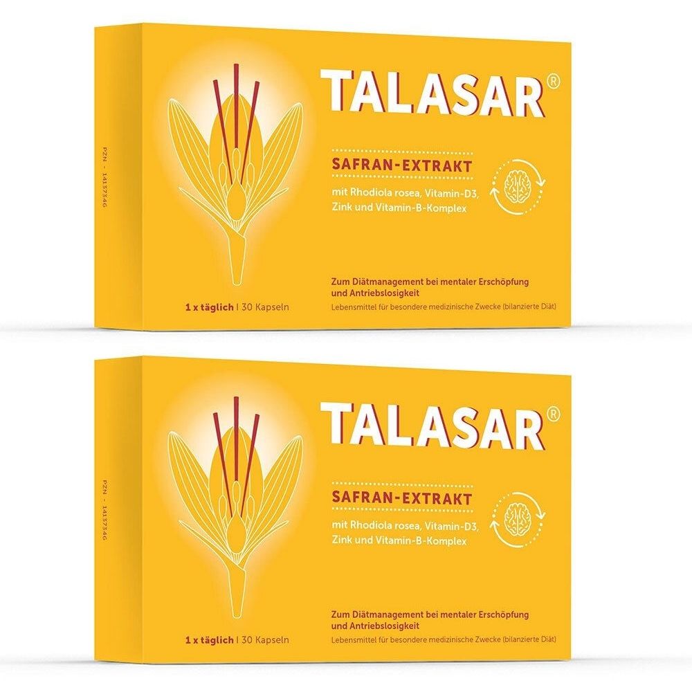 Zwei gelbe Schachteln mit der Aufschrift TALASAR, Safran-Extrakt. Text: Vitamin D3, Zink und Vitamin-B-Komplex. 30 Kapseln.