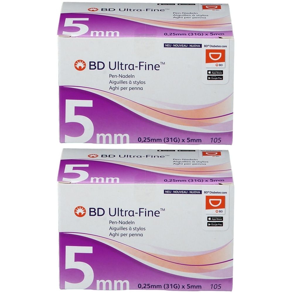 Zwei Schachteln mit der Aufschrift "BD Ultra-Fine" und "5 mm". Auf jeder Schachtel steht "0,25 mm (31G) x 5 mm 105".