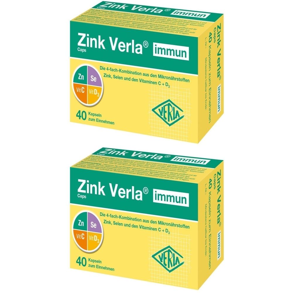 Zwei Schachteln Zink Verla immun Caps. Gelbe Verpackung mit Produktnamen und Inhaltsstoffen. 40 Kapseln.