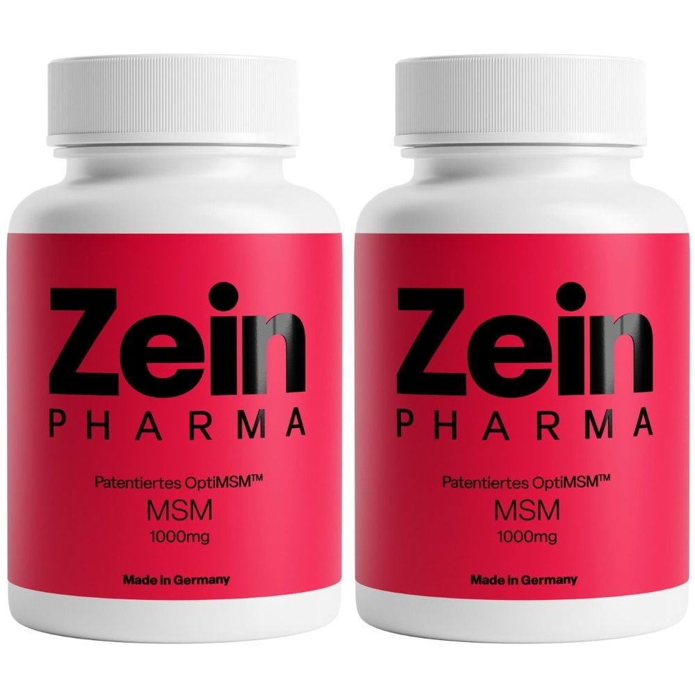 Zwei weiße Flaschen mit rotem Etikett. Aufschrift: Zein Pharma, MSM 1000mg. Made in Germany.