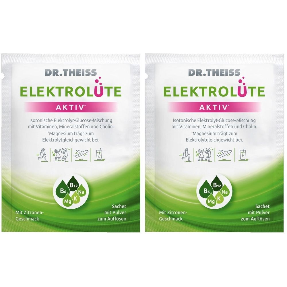 Zwei Beutel DR. Theiss Elektrolüte Aktiv. Aufschrift: Isotonische Elektrolyt-Glucose-Mischung. Mit Vitaminen, Mineralstoffen und Cholin. Mit Zitronengeschmack.