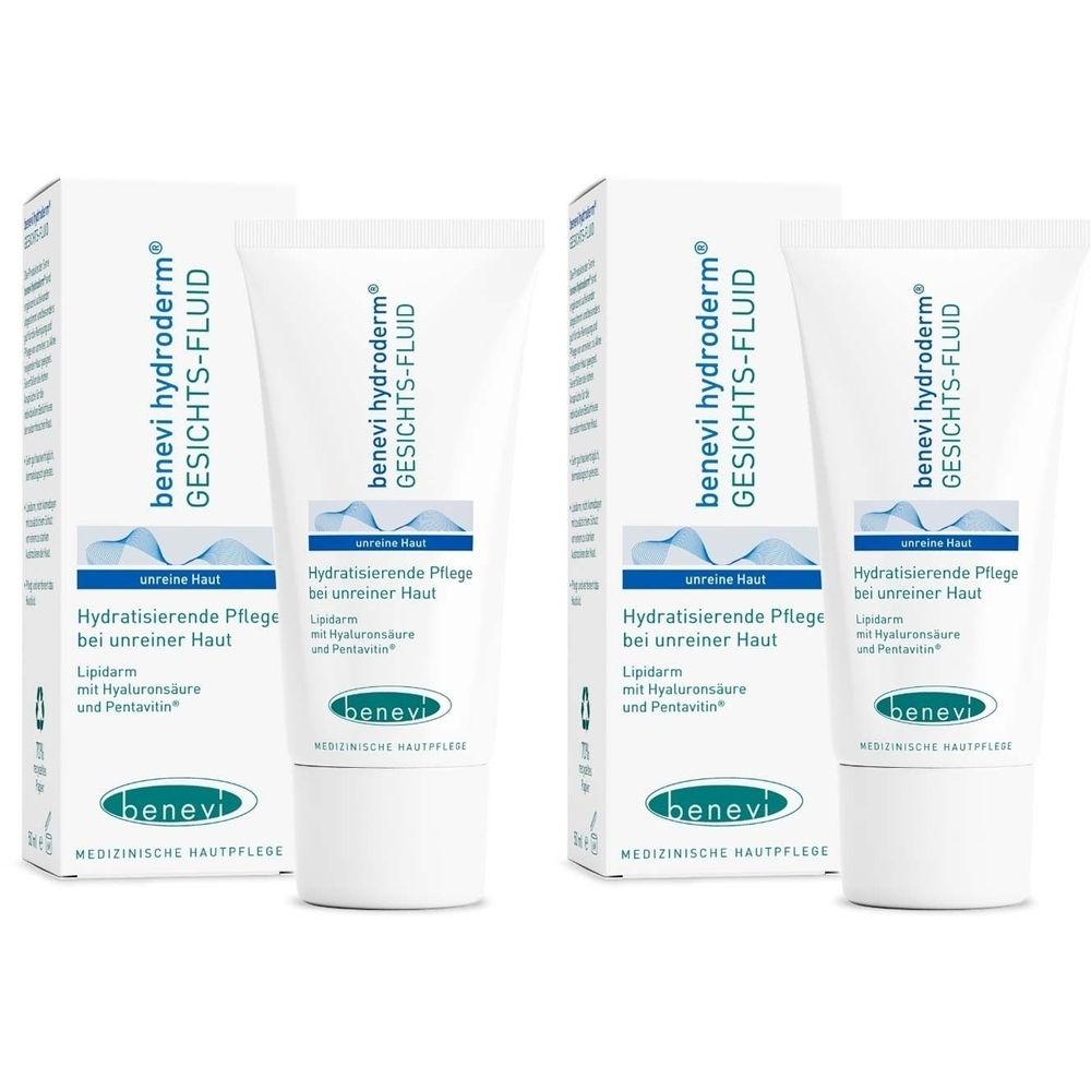 Zwei Tuben und zwei Schachteln. Aufschrift: benevi hydroderm GESICHTS-FLUID. Text: Hydratisierende Pflege bei unreiner Haut.