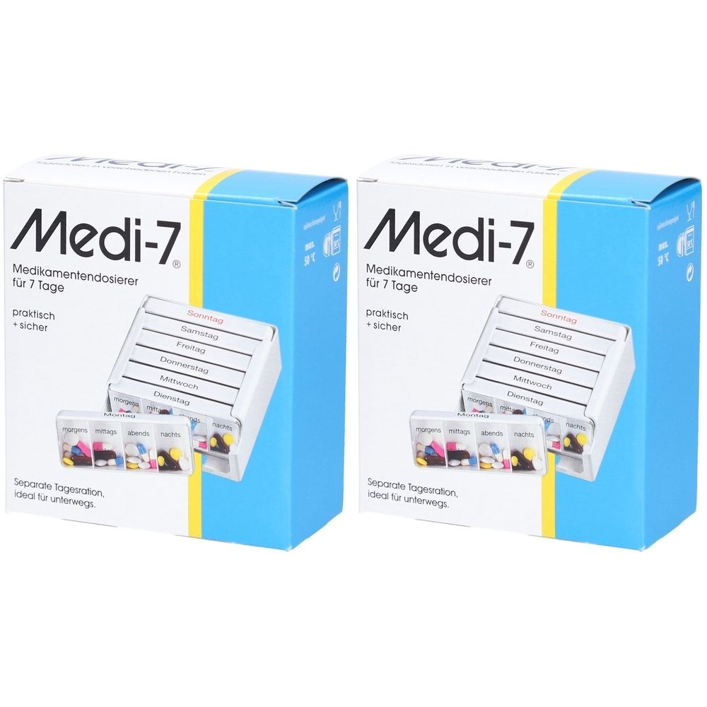 Zwei Medikamentendosierer-Verpackungen. Weiße Schachteln mit blauem Hintergrund. Aufschrift: Medi-7, Medikamentendosierer für 7 Tage.