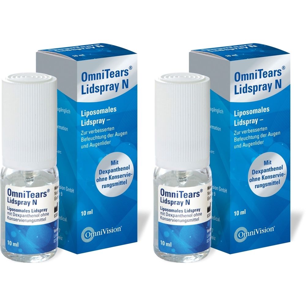 Zwei Flaschen und Verpackungen von OmniTears Lidspray N. Die Flaschen sind durchsichtig mit weißem Sprühkopf. Die Verpackung ist blau und weiß.