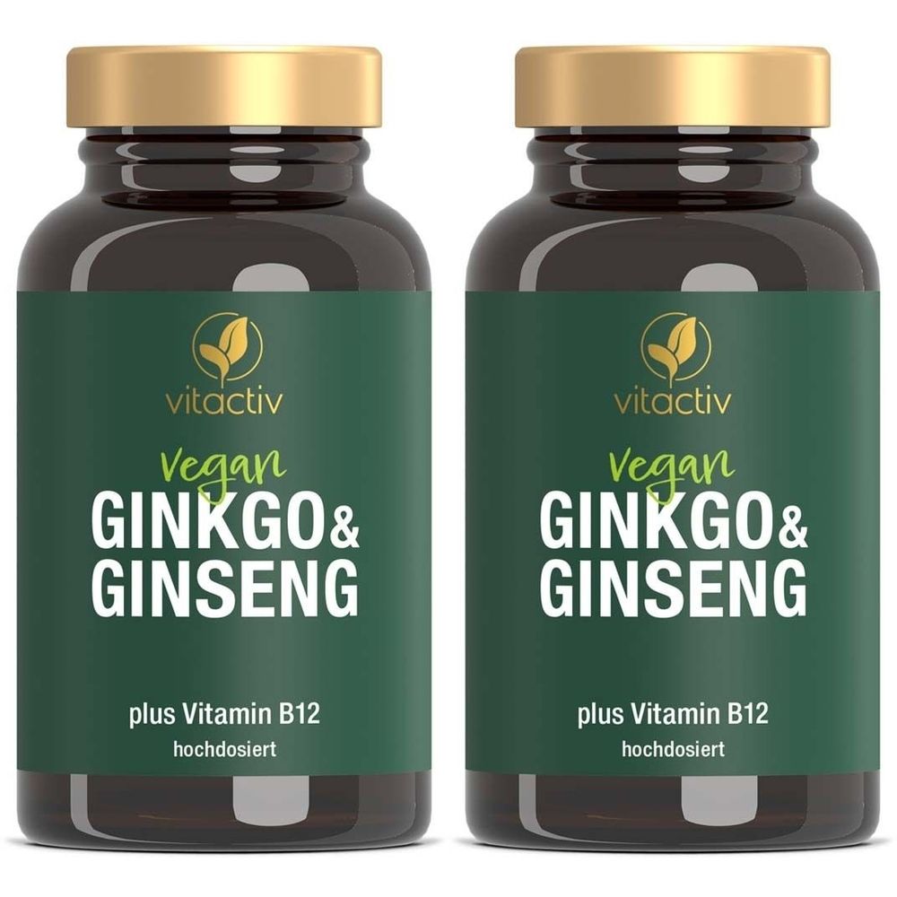 Zwei Flaschen mit braunem Glas und goldenem Deckel. Aufschrift: Vitactiv Vegan Ginkgo & Ginseng plus Vitamin B12.