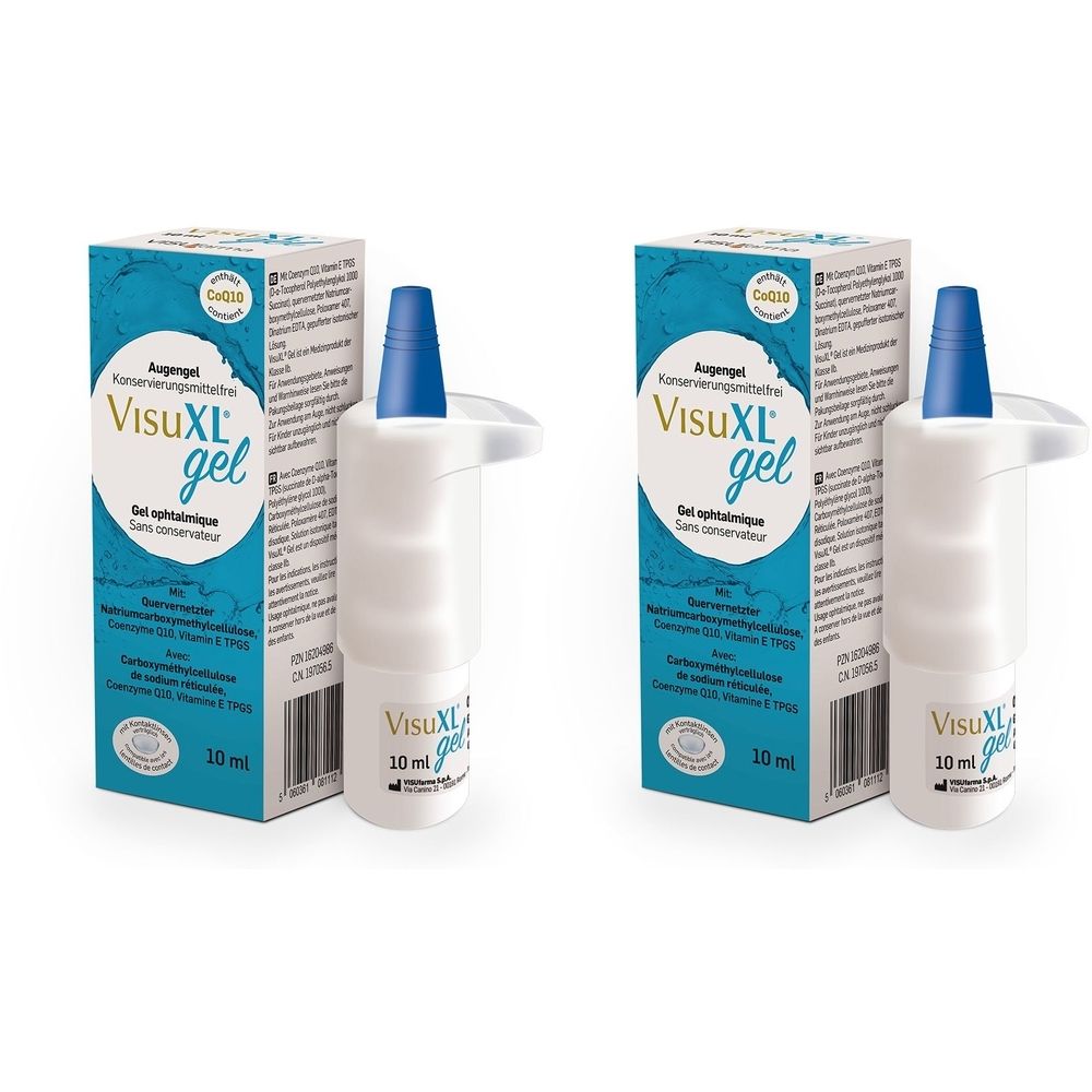 Zwei Packungen und Flaschen VisuXL gel. Blaue und weiße Verpackung. Aufschrift: VisuXL gel, 10 ml.