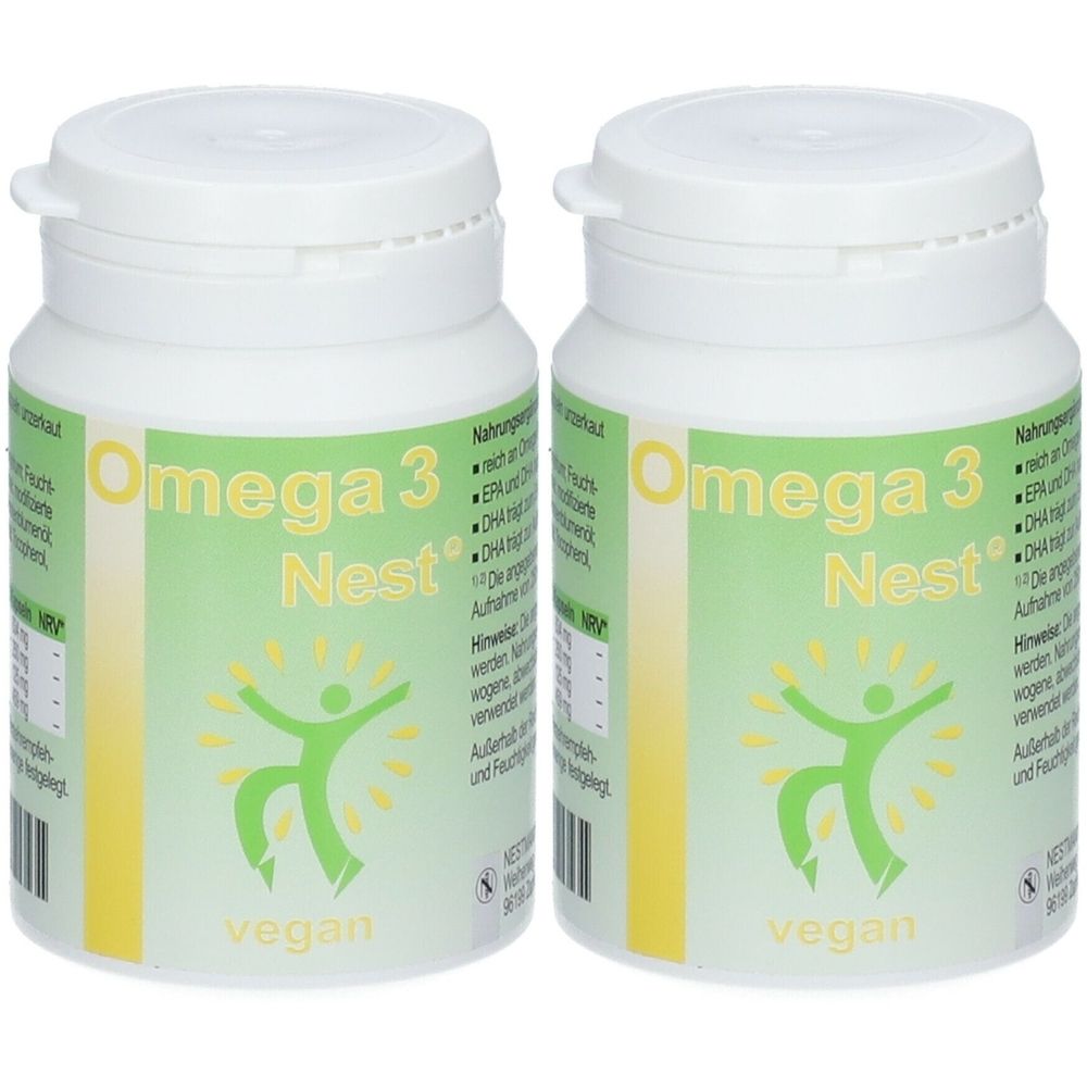 Zwei weiße Flaschen mit Deckel. Auf dem Etikett steht "Omega 3 Nest" und "vegan".