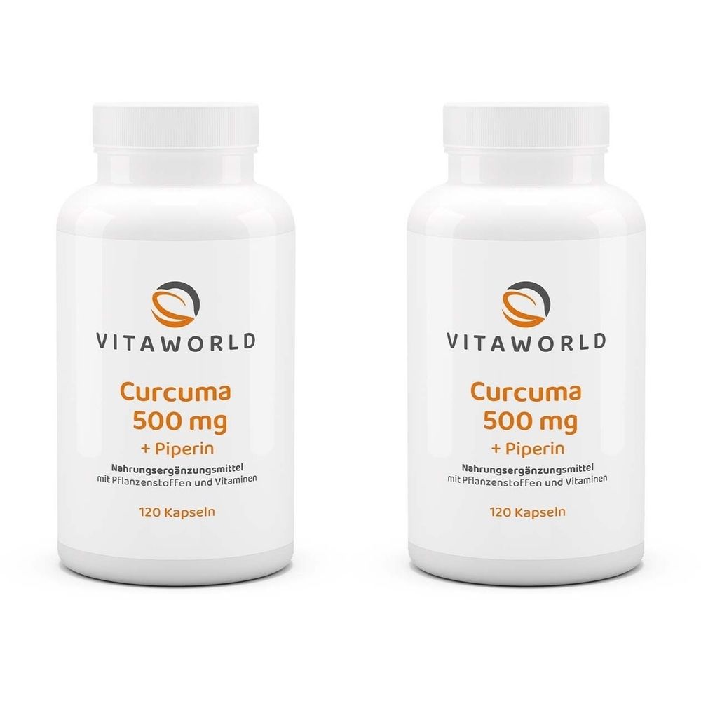 Zwei weiße Flaschen mit dem Logo von Vitaworld. Auf jeder Flasche steht "Curcuma 500 mg + Piperin" und "120 Kapseln".