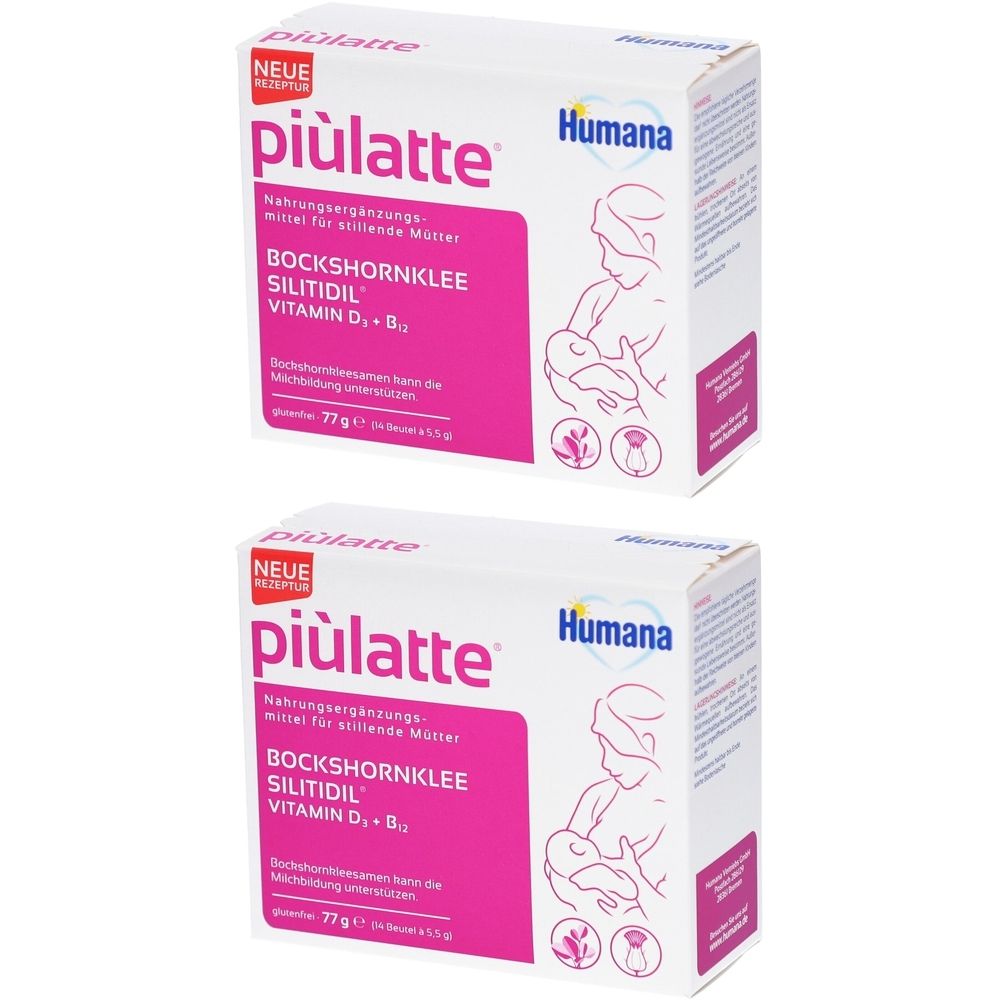 Zwei weiße Kartons mit rosa Akzenten. Aufdruck: piùlatte, Humana, Bockshornklee, Silitidil, Vitamin D, B. Abbildung einer stillenden Mutter.