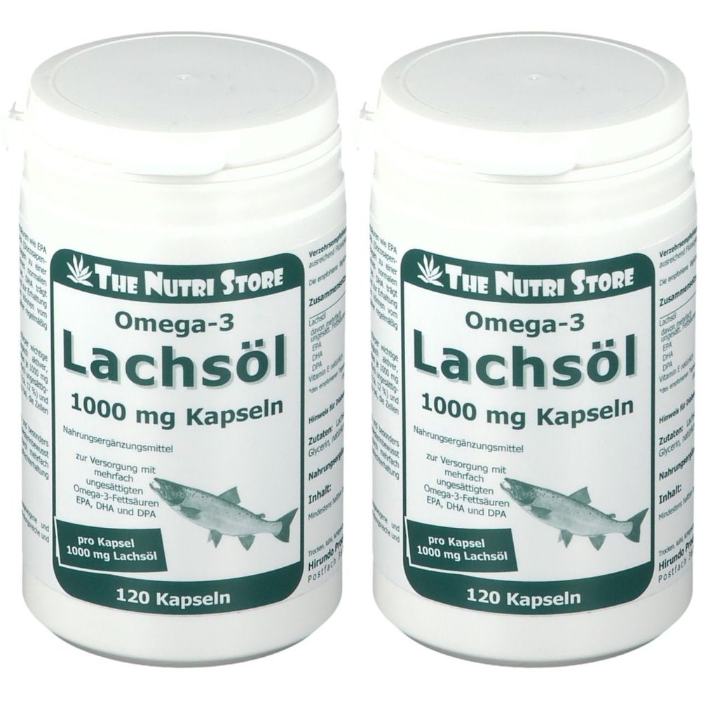 Zwei weiße Flaschen mit Omega-3 Lachsöl Kapseln. Aufschrift: The Nutri Store, Lachsöl, 1000 mg Kapseln, 120 Kapseln.