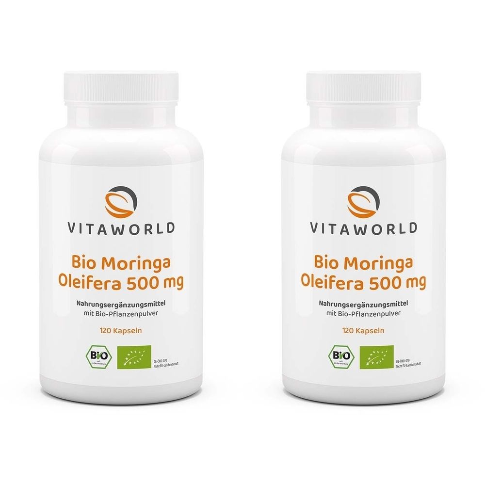 Zwei weiße Flaschen mit Etiketten. Aufschrift: Bio Moringa Oleifera 500 mg, 120 Kapseln. Marke: VITAWORLD. Bio-Siegel.