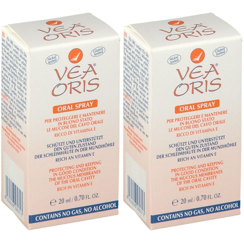 Zwei weiße Kartons mit Produktaufdruck. Aufschrift: VEA ORIS, Oral Spray. Enthält Vitamin E. Gluten- und Nickel getestet.